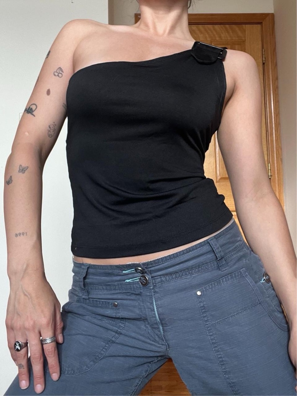 Vintage Black One Shoulder Buckle Tank Top